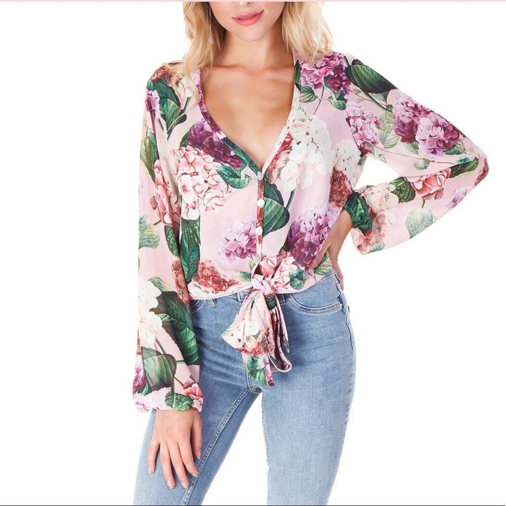 Show Me Your MuMu Tatum Floral Hydrangea Tie Front Blouse Women's Size Medium
